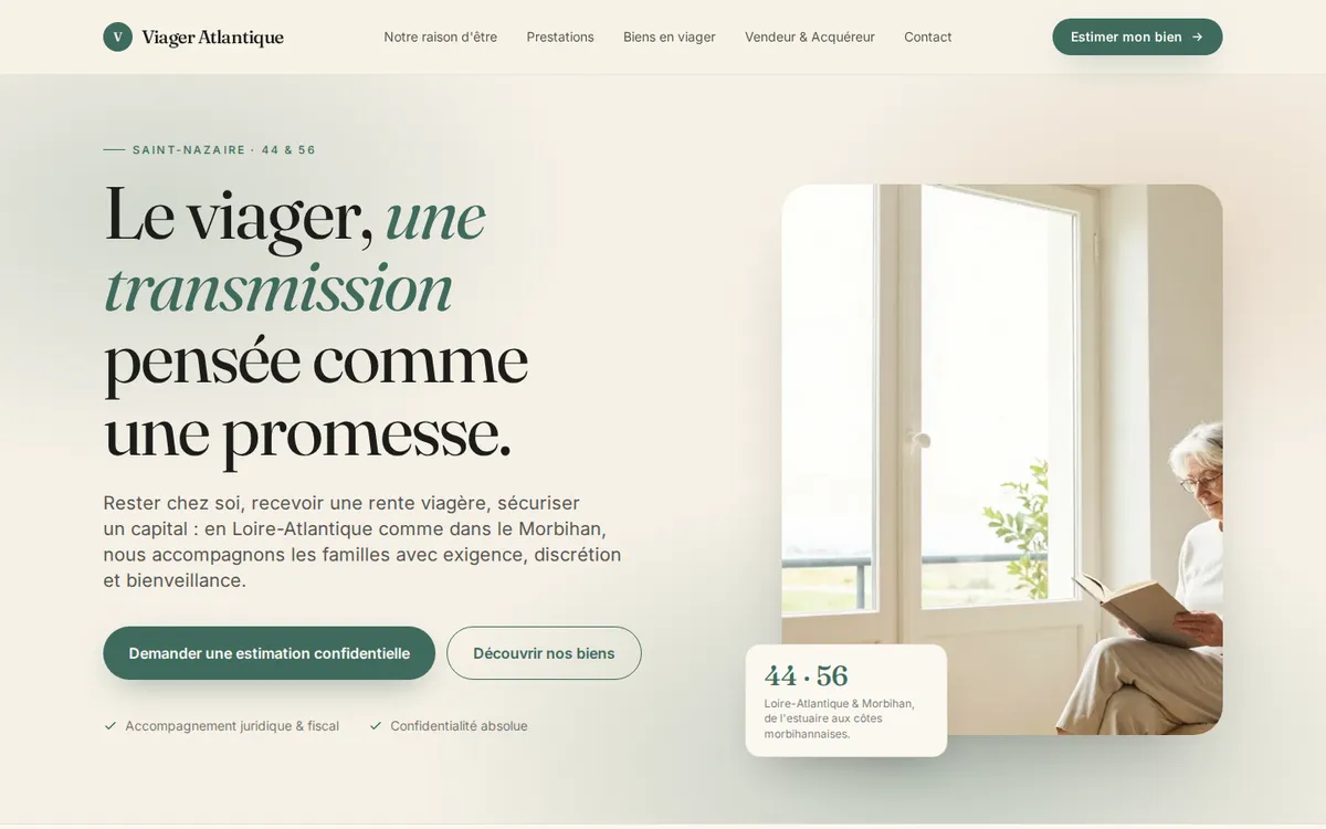 Aperçu du site VIAGER ATLANTIQUE — Éditorial chaleureux